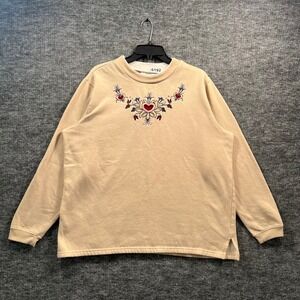 Blair Womens Large Tan Embroidered Heart Floral Crewneck Sweatshirt